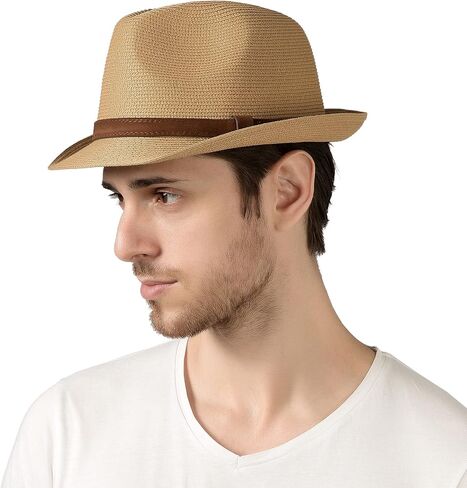 Lanzom الرجال النساء فيدورا القش قبعة الشمس قابلة للطي نشمر حافة قصيرة تريلبي قبعة الصيف قبعة الشاطئ in Kuwait