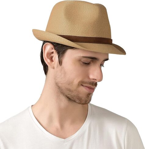Lanzom الرجال النساء فيدورا القش قبعة الشمس قابلة للطي نشمر حافة قصيرة تريلبي قبعة الصيف قبعة الشاطئ in Kuwait