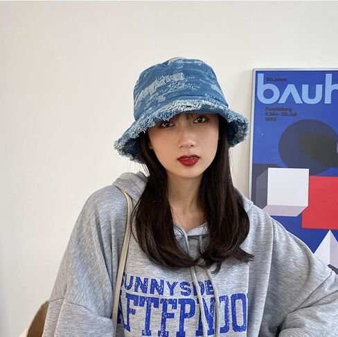 Women's Raw Trim Denim Bucket Casual Fisherman Hat Packable Outdoor Beach Sun Cap in Kuwait