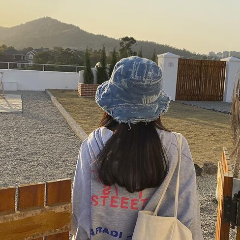 Women's Raw Trim Denim Bucket Casual Fisherman Hat Packable Outdoor Beach Sun Cap in Kuwait