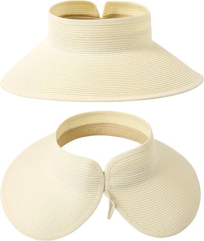 Lanzom المرأة Packable قبعة الشمس قبعات لا تغطي الرأس بالكامل واسعة حافة القش نشمر ذيل حصان الصيف قبعة للشاطئ UPF 50 in Kuwait