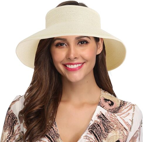 Lanzom المرأة Packable قبعة الشمس قبعات لا تغطي الرأس بالكامل واسعة حافة القش نشمر ذيل حصان الصيف قبعة للشاطئ UPF 50 in Kuwait