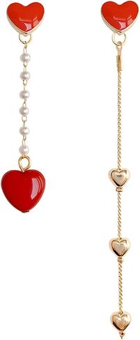 ONLYJUMP S925 Silver Red Heart Stud Earrings for Women Girl Creative Long Asymmetrical Gold Plated Love Heart Dangle Drop Chain Tassel Earrings Delicate Jewelry Valentines Day Gifts in Saudi Arabia