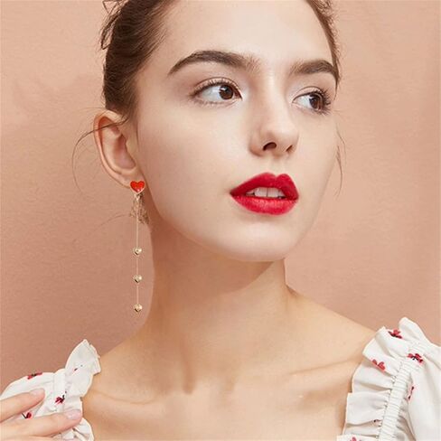 ONLYJUMP S925 Silver Red Heart Stud Earrings for Women Girl Creative Long Asymmetrical Gold Plated Love Heart Dangle Drop Chain Tassel Earrings Delicate Jewelry Valentines Day Gifts in Saudi Arabia