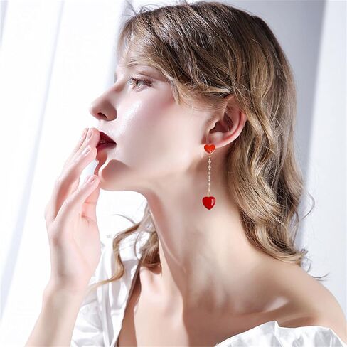 ONLYJUMP S925 Silver Red Heart Stud Earrings for Women Girl Creative Long Asymmetrical Gold Plated Love Heart Dangle Drop Chain Tassel Earrings Delicate Jewelry Valentines Day Gifts in Saudi Arabia