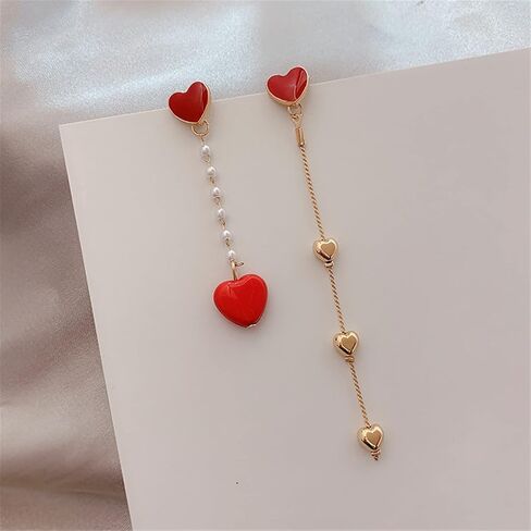ONLYJUMP S925 Silver Red Heart Stud Earrings for Women Girl Creative Long Asymmetrical Gold Plated Love Heart Dangle Drop Chain Tassel Earrings Delicate Jewelry Valentines Day Gifts in Saudi Arabia