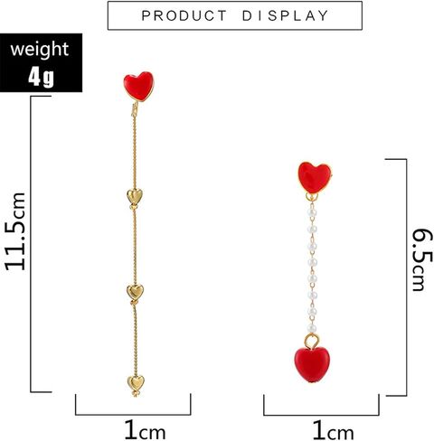 ONLYJUMP S925 Silver Red Heart Stud Earrings for Women Girl Creative Long Asymmetrical Gold Plated Love Heart Dangle Drop Chain Tassel Earrings Delicate Jewelry Valentines Day Gifts in Saudi Arabia
