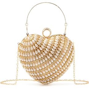 SUKUTU Cute Heart Shape Clutch Bag Women Elegant Pearl Rhinstone Evening Purse Wedding Party Bridal Prom Handbag
