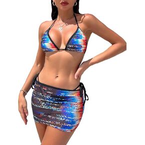 Milumia Women's 3 Piece Halter Swimsuits Solid Lace Up Bikini Set with Drawstring Mesh Cover Up Skirt