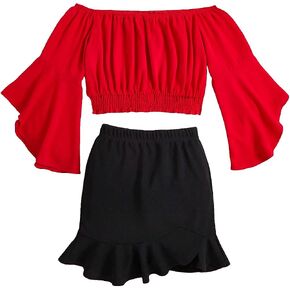 Milumia Girl's 2 Piece Outfits Off Shoulder Flounce Sleeve Crop Top and Ruffle Short Skirt Set in Saudi Arabia