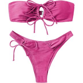SweatyRocks Women's Color Block 2 Piece Strapless Tie Front High Cut Bikini Bandeau Swimsuit