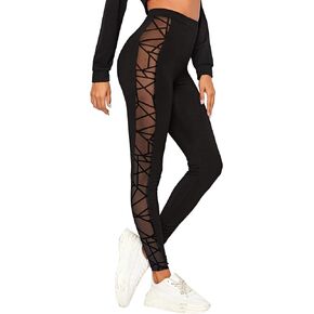 SweatyRocks Women's Mesh Panel Side High Waist Leggings Skinny Workout Yoga Pants
