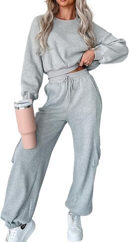 Kedera Womens Waffle Knit Pajamas Sets 2 Piece Outfits Knit Long Sleeve Pullover and Pants Sweatsuits in Saudi Arabia