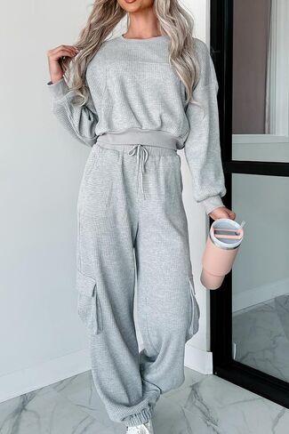 Kedera Womens Waffle Knit Pajamas Sets 2 Piece Outfits Knit Long Sleeve Pullover and Pants Sweatsuits in Saudi Arabia