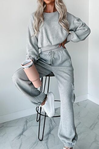 Kedera Womens Waffle Knit Pajamas Sets 2 Piece Outfits Knit Long Sleeve Pullover and Pants Sweatsuits in Saudi Arabia