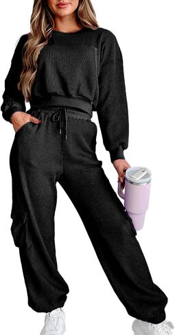 Kedera Womens Waffle Knit Pajamas Sets 2 Piece Outfits Knit Long Sleeve Pullover and Pants Sweatsuits in Saudi Arabia