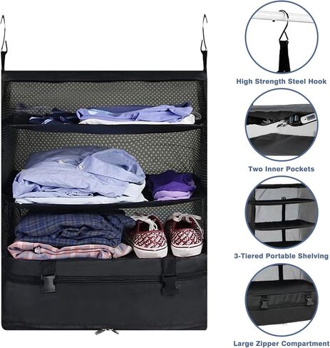 مكعبات تعبئة معلقة للسفر، ارفف سفر معلقة قابلة للطي من ويستيب، 3 ارفف للحمل في خزانة الامتعة مع خطاف ستيل، منظم امتعة معلق محمول للسفر والتخييم والمركبات الترفيهية in Kuwait