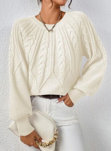 سترة نسائية من Dokotoo سترة كاجوال بأكمام طويلة وفتحة رقبة مستديرة وفضفاضة منسوجة بلوزات مكتنزة in Kuwait