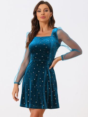 فستان Allegra K النسائي لعيد الميلاد منتفخ شبكي شفاف وأكمام طويلة ورقبة مربعة لامعة ونجمة صغيرة مخملية in Saudi Arabia
