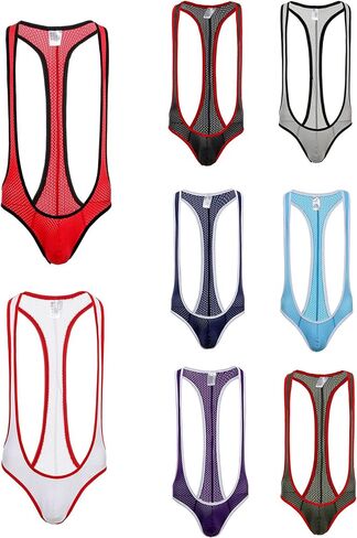 Faringoto Men's One Piece Mesh Fishnet See Through Jumpsuits Suspenders in Saudi Arabia