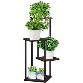 Plant Stand 4 Tier Indoor Metal Flower Shelf for Multiple Plants Corner Tall Flower Holders for Patio Garden Living Room Balcony Bedroom, Black oak