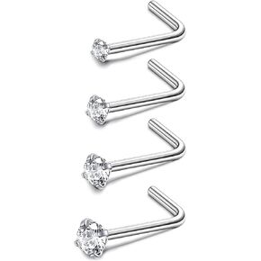 IRONBOX 20G Titanium Nose Ring Studs for Women Men Square Round CZ Nose Stud L Shape Screw Nose Rings Nostril Piercing Jewelry