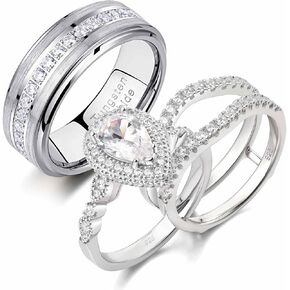 Newshe Jewellery Wedding Ring Sets for Him and Her AAAAA Cz Promise Rings for Couples Women Mens Band Pear Shape Size 5-13 in Kuwait