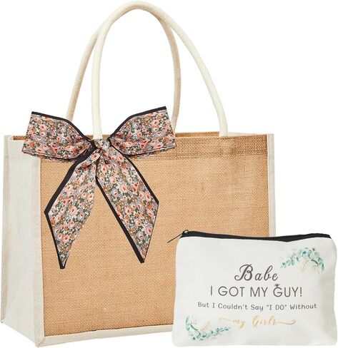 Flycalf Makeup Bag Burlap Bridesmaid Gift Tote Women for Traveling Canvas Reusable Grocery Bag Girl Bridal Shower with Ribbon Neckerchief Cosmetic Storage in Saudi Arabia