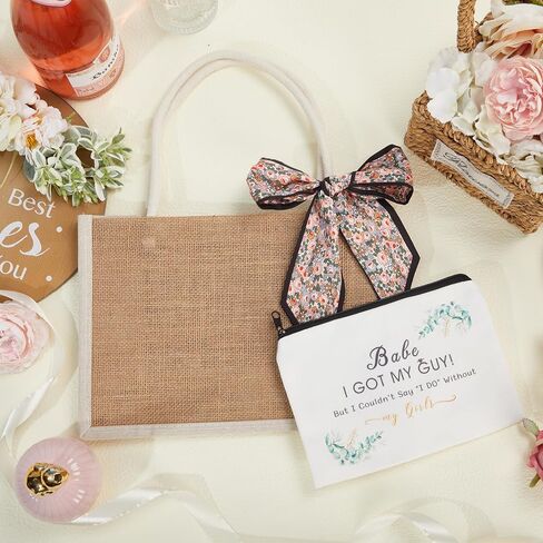 Flycalf Makeup Bag Burlap Bridesmaid Gift Tote Women for Traveling Canvas Reusable Grocery Bag Girl Bridal Shower with Ribbon Neckerchief Cosmetic Storage in Saudi Arabia