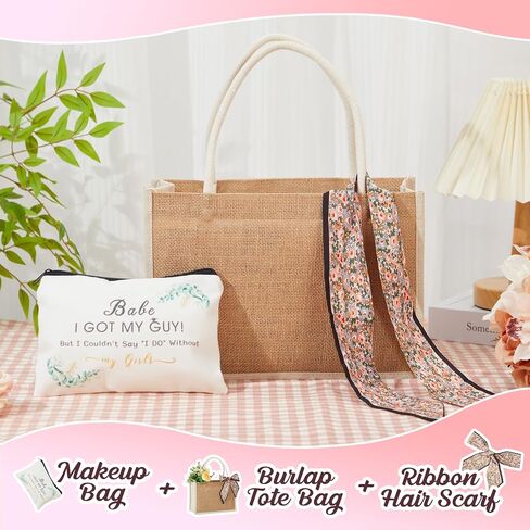 Flycalf Makeup Bag Burlap Bridesmaid Gift Tote Women for Traveling Canvas Reusable Grocery Bag Girl Bridal Shower with Ribbon Neckerchief Cosmetic Storage in Saudi Arabia