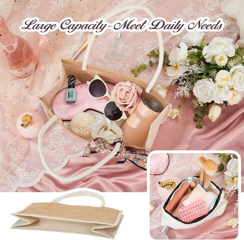 Flycalf Makeup Bag Burlap Bridesmaid Gift Tote Women for Traveling Canvas Reusable Grocery Bag Girl Bridal Shower with Ribbon Neckerchief Cosmetic Storage in Saudi Arabia