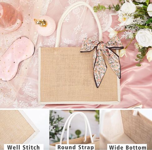 Flycalf Makeup Bag Burlap Bridesmaid Gift Tote Women for Traveling Canvas Reusable Grocery Bag Girl Bridal Shower with Ribbon Neckerchief Cosmetic Storage in Saudi Arabia