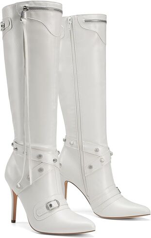 حذاء نسائي من DREAM PAIRS بكعب ستيليتو معدني بطول الركبة، حذاء أنيق ذو مقدمة مدببة عالية مع مسمار وسحاب وشرابة in Kuwait