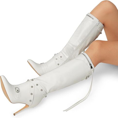 حذاء نسائي من DREAM PAIRS بكعب ستيليتو معدني بطول الركبة، حذاء أنيق ذو مقدمة مدببة عالية مع مسمار وسحاب وشرابة in Kuwait