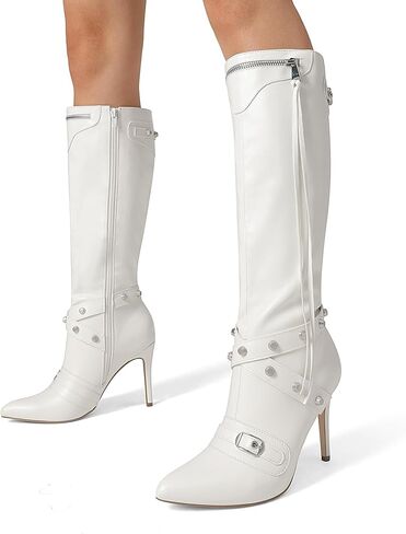 حذاء نسائي من DREAM PAIRS بكعب ستيليتو معدني بطول الركبة، حذاء أنيق ذو مقدمة مدببة عالية مع مسمار وسحاب وشرابة in Kuwait