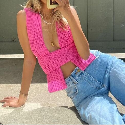 JUMISEE Women's Sexy Wrap Around Strappy Crop Top Knit Multi Wear Sweater Tank Tops Sleeveless Bandage Vest in Kuwait