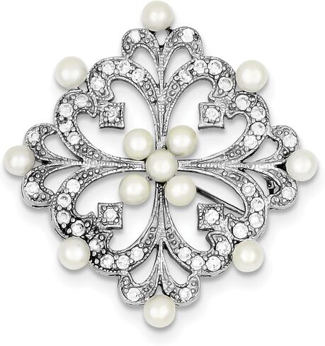 Diamond2Deal 925 Sterling Silver Rhodium-plated Cultured Pearl andCZ Pin Fine Jewelry for Women in Saudi Arabia