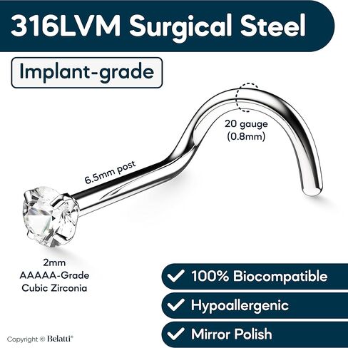 BELATTI 12 قطعة من حلقات الأنف الشفافة للنساء والرجال مكعب زركونيا مكعب - متوافق حيويًا مع البلاستيك الشفاف والصلب مجموعة شريط مستقيم للأنف - مجوهرات بيوفليكس شفافة لا تسبب الحساسية (اختر المقياس - اللون - حجم الجوهرة) in Kuwait