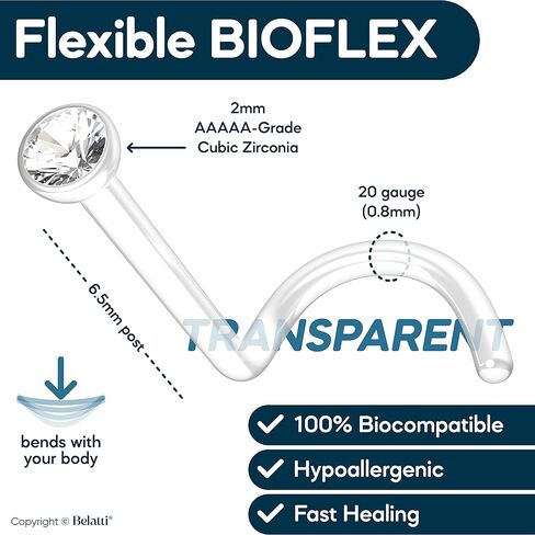 BELATTI 12 قطعة من حلقات الأنف الشفافة للنساء والرجال مكعب زركونيا مكعب - متوافق حيويًا مع البلاستيك الشفاف والصلب مجموعة شريط مستقيم للأنف - مجوهرات بيوفليكس شفافة لا تسبب الحساسية (اختر المقياس - اللون - حجم الجوهرة) in Kuwait