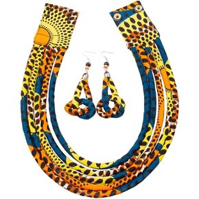 BintaRealWax African Necklace Earrings Set Ankara Fabric Print Multilayer Woven Rope Choker Layered Strand Collar