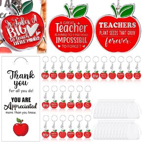 Sasylvia Teacher Appreciation Gift Keychain Bulk Thank You Teacher Gift Apple Keychain with Card Organza Bag