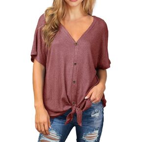 IWOLLENCE Women's Waffle Knit Tunic Blouse Tie Knot Short Sleeve Henley Tops Loose Fitting Bat Wing Shirts in Saudi Arabia