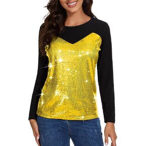 PESION Women's Shiny Sequin Shirts Glitter Sexy Graphic Tees Tops Sparkle Rave Party Shirts Blouse