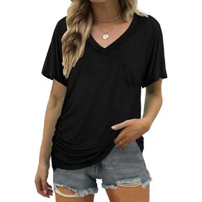 ELIY BASIC Women's Short Sleeve V Neck Pleated T Shirts Summer Loose Fit Basic Tunic with Side Shirring Casual Top Tees