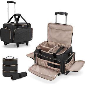 LUXJA Rolling Makeup Case with 3 Removable Pouches and 1 Makeup Brush Bag, Large Makeup Bag Cosmetic Bag with Detachable Dolly (Patented), Black