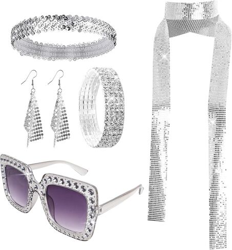 5 Pcs 70s Disco Accessories Women Disco Costume Jewelry Disco Sequin Scarf Headband Diamond Bracelet Earrings Sunglasses in Kuwait