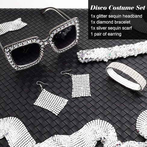 5 Pcs 70s Disco Accessories Women Disco Costume Jewelry Disco Sequin Scarf Headband Diamond Bracelet Earrings Sunglasses in Kuwait