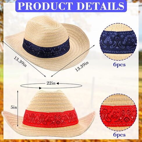 ليوموي 12 قطعة من قبعات رعاة البقر الغربية مع باندانا حمراء كلاسيكية من القش، قبعة مزارع للمزارعين لحفلات رعاة البقر روديو والحفلات التنكرية للنساء والرجال، احمر وازرق in Kuwait