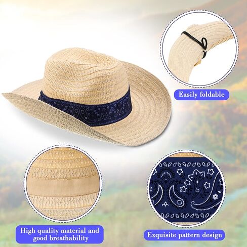 ليوموي 12 قطعة من قبعات رعاة البقر الغربية مع باندانا حمراء كلاسيكية من القش، قبعة مزارع للمزارعين لحفلات رعاة البقر روديو والحفلات التنكرية للنساء والرجال، احمر وازرق in Kuwait