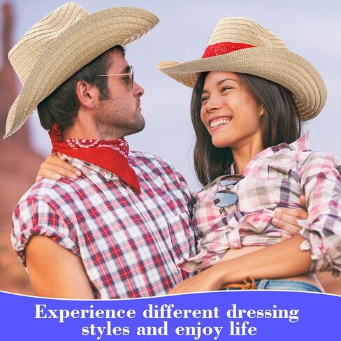 ليوموي 12 قطعة من قبعات رعاة البقر الغربية مع باندانا حمراء كلاسيكية من القش، قبعة مزارع للمزارعين لحفلات رعاة البقر روديو والحفلات التنكرية للنساء والرجال، احمر وازرق in Kuwait